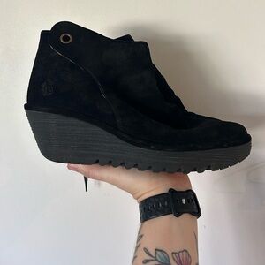 Fly London Yebi Ruched Suede Wedge Booties Shoes BLACK Size 10